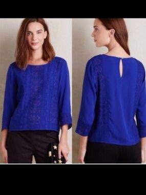 Anthropologie Meadow Rue Blue Salina Lace Long Sleeve Blouse